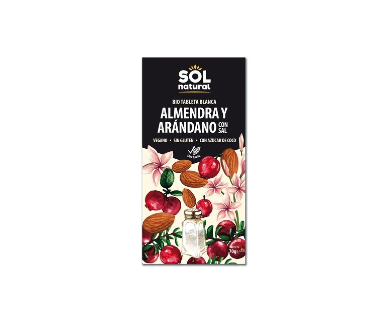 Chocolate vegano blanco con almendras y arándanos Bio 70 g Sol Natural