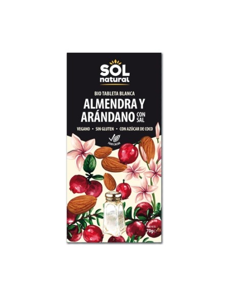 Chocolate vegano blanco con almendras y arándanos Bio 70 g Sol Natural