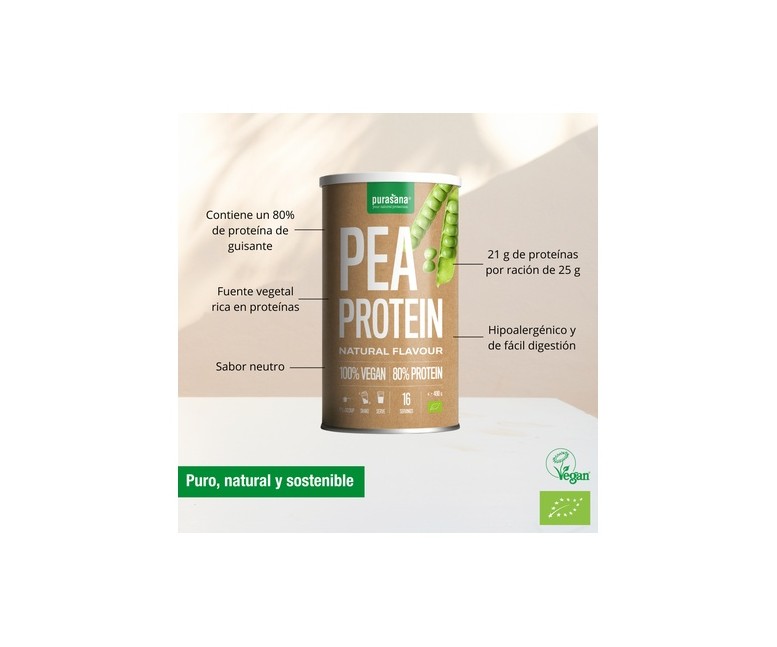 Proteína de guisante en polvo natural bio 400 g de polvo Purasana