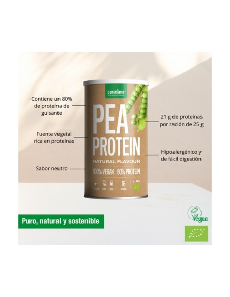 Proteína de guisante en polvo natural bio 400 g de polvo Purasana