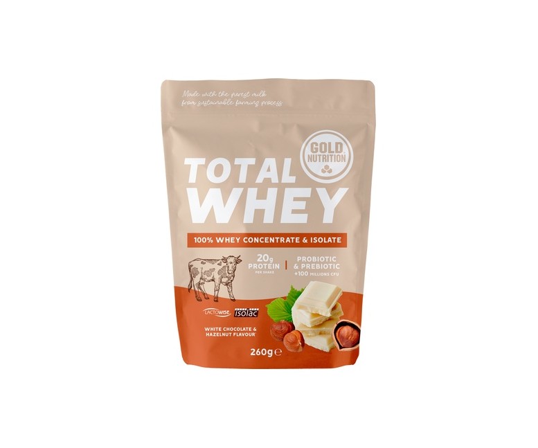 Total whey chocolate blanco-avellana 260 g de polvo Gold Nutrition