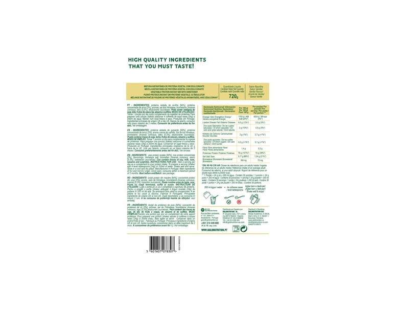 Proteína vegana sabor vainilla 720 g de polvo Gold Nutrition