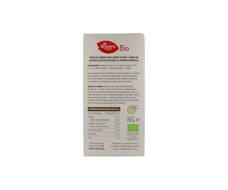 Láminas Lasaña Sin Gluten Bio 250 g El Granero Integral