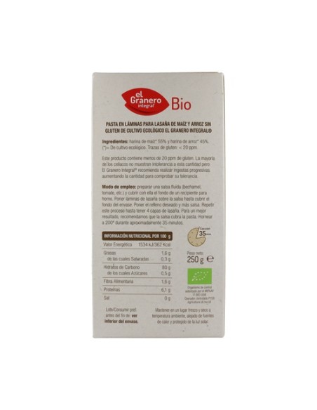 Láminas Lasaña Sin Gluten Bio 250 g El Granero Integral