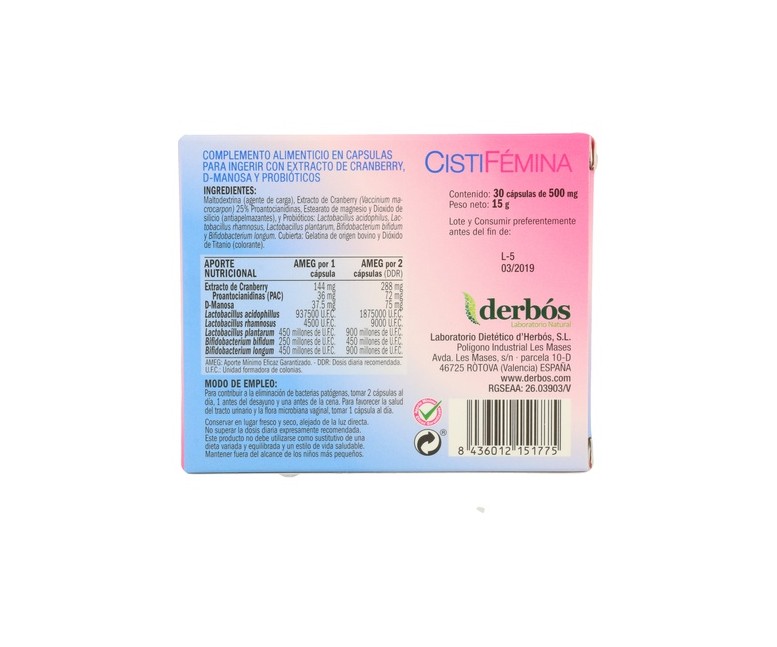 Cistifemina 30 cápsulas de 530mg Derbós