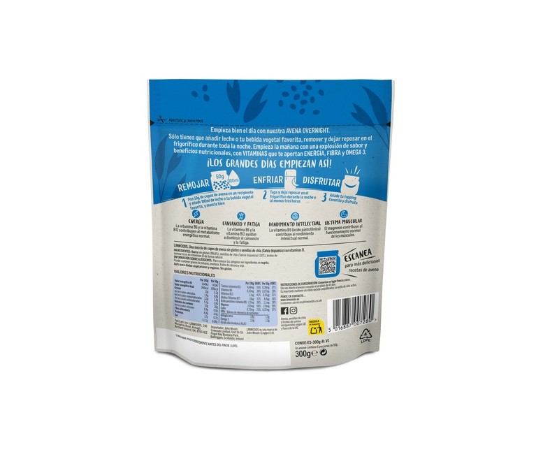 Avena overnight energía original 300 g de polvo Linwoods