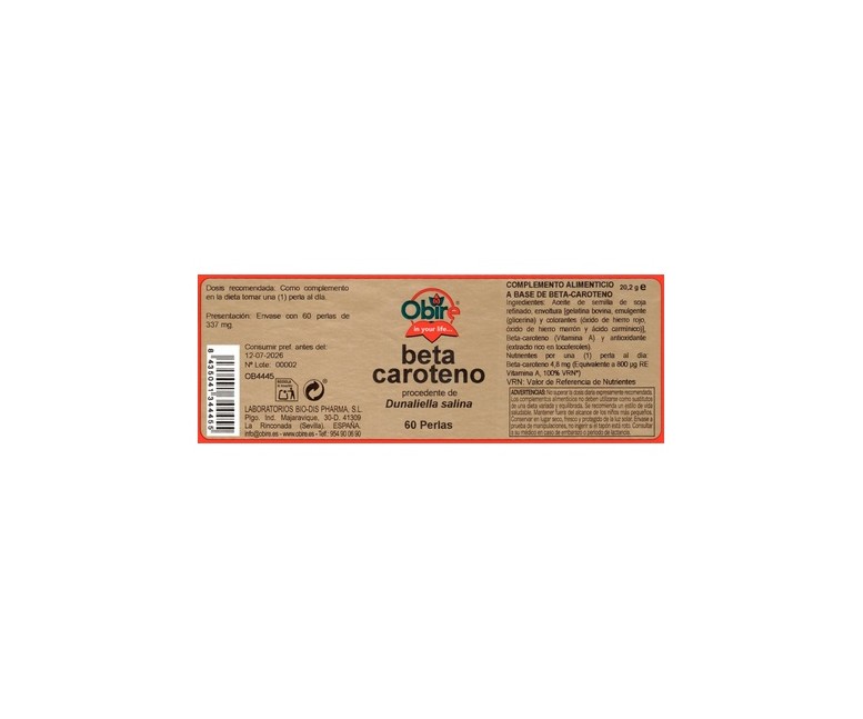 Beta-caroteno de Dunaliella salina 60 perlas de 337mg Obire