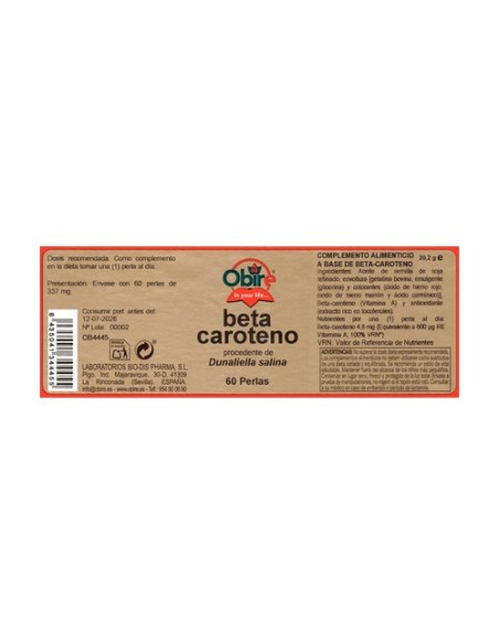 Beta-caroteno de Dunaliella salina 60 perlas de 337mg Obire