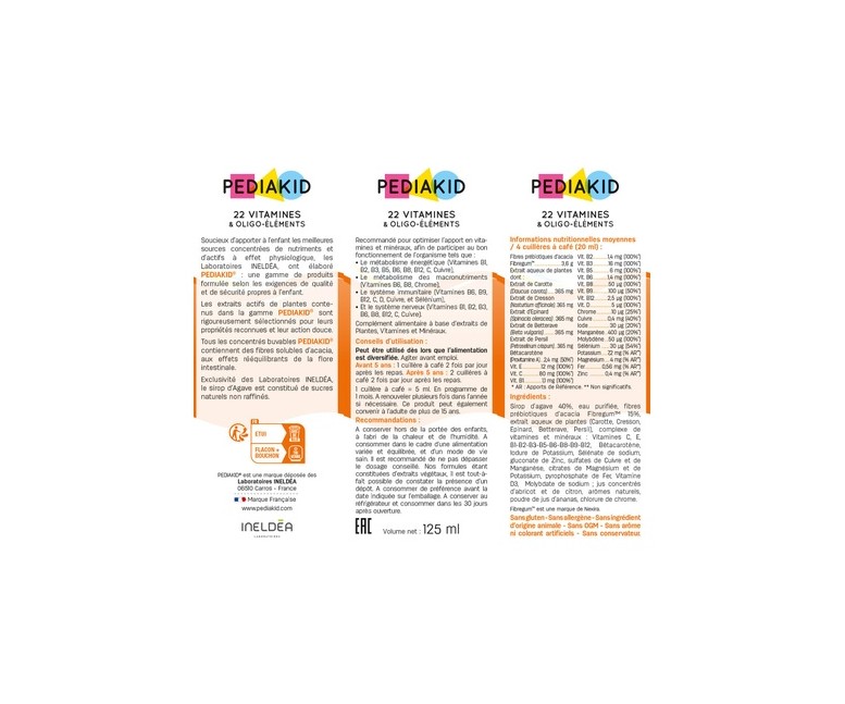 Pediakid 22 Vitaminas y oligoelementos 125 ml (Naranja - Albaricoque) Pediakid