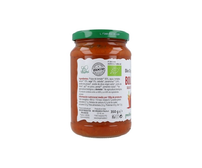 Salsa de tomate boloñesa vegana 350 ml Bio Organica Italia