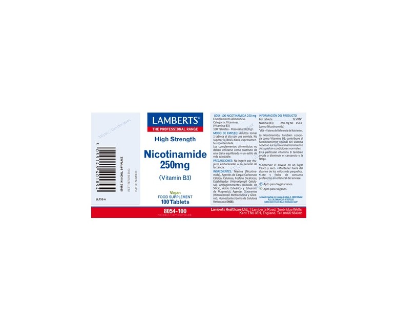 Nicotinamida 250mg (vitamina B3) 100 tabletas Lamberts