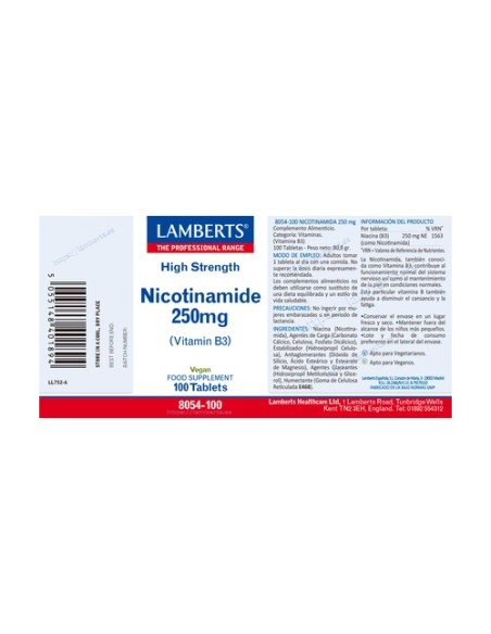 Nicotinamida 250mg (vitamina B3) 100 tabletas Lamberts