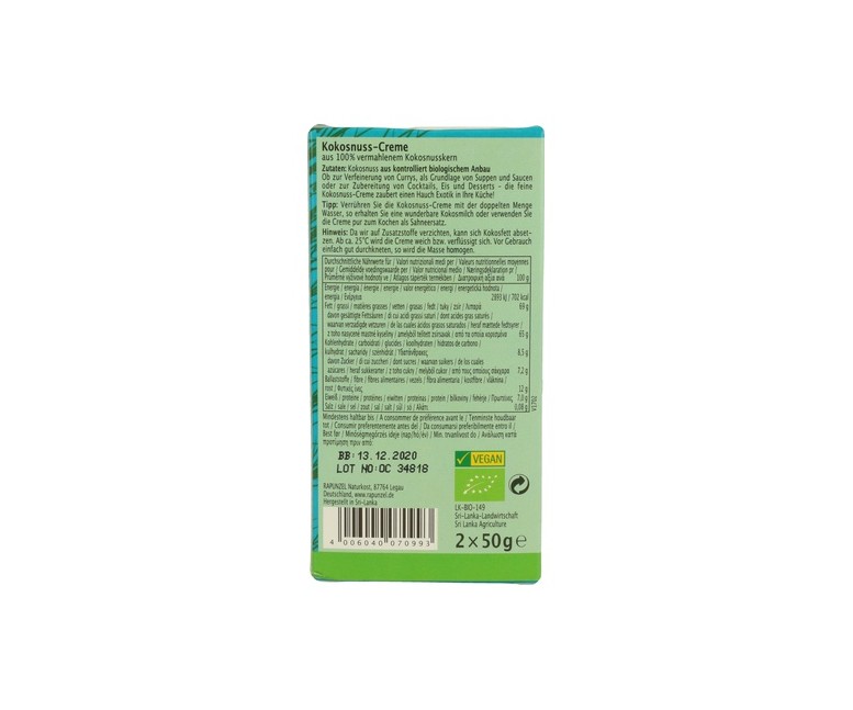 Crema De Coco Para Cocinar 2 unidades de 50g (Coco) Rapunzel