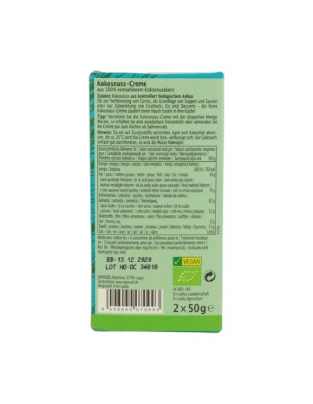 Crema De Coco Para Cocinar 2 unidades de 50g (Coco) Rapunzel