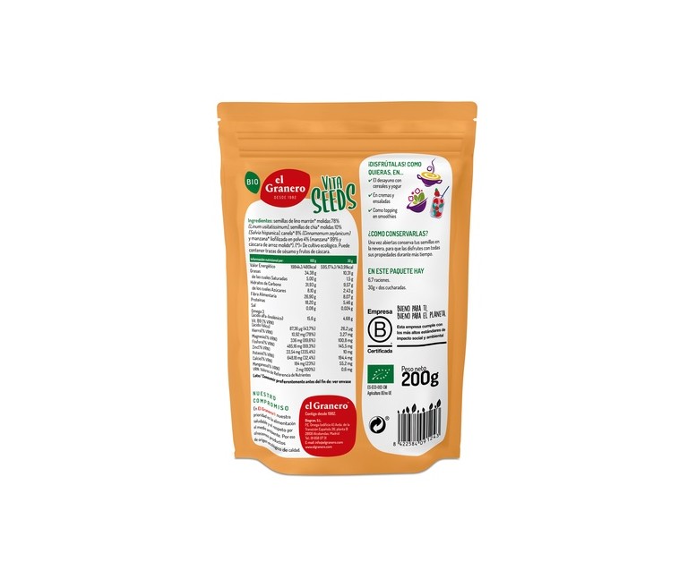 Vitaseeds semillas molidas de lino, chía, manzana y canela sin gluten Bio 200 g El Granero Integral