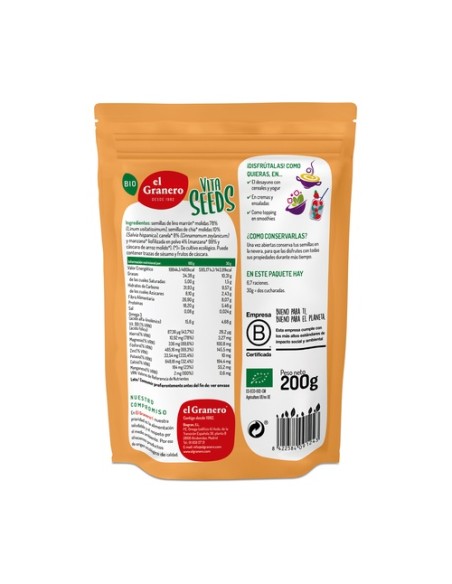 Vitaseeds semillas molidas de lino, chía, manzana y canela sin gluten Bio 200 g El Granero Integral