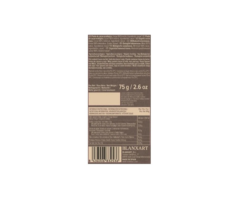Chocolate negro Perú 100% Eco 75 g Blanxart