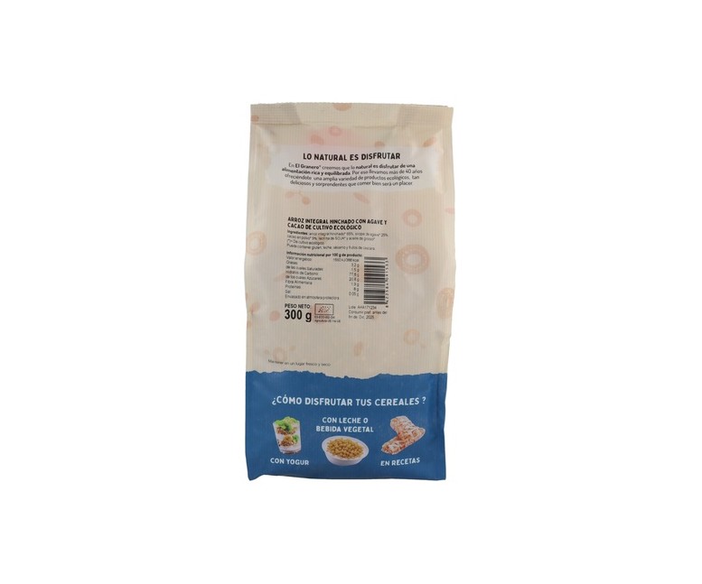 Arroz integral hinchado con agave y cacao bio 300 g (Cacao) El Granero Integral