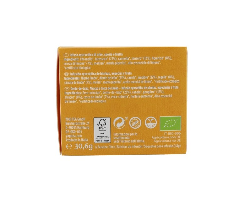 Infusión ayurvédica Detox con limón 17 bolsitas infusoras de 1.8g Yogi Tea
