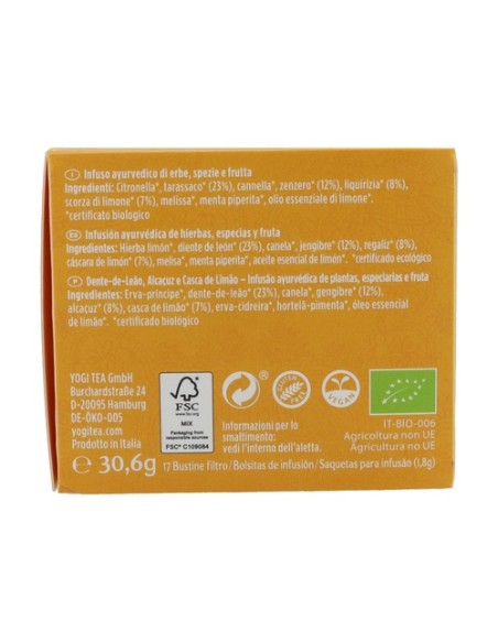 Infusión ayurvédica Detox con limón 17 bolsitas infusoras de 1.8g Yogi Tea