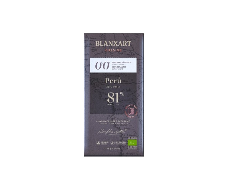 Chocolate Perú 81% Eco sin azúcares añadidos y sin edulcorantes 80 g Blanxart