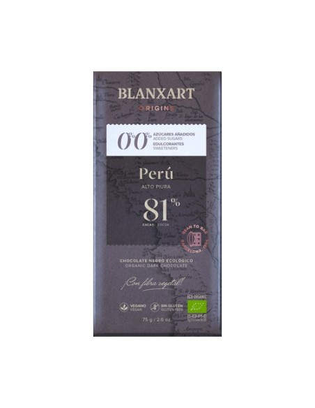 Chocolate Perú 81% Eco sin azúcares añadidos y sin edulcorantes 80 g Blanxart
