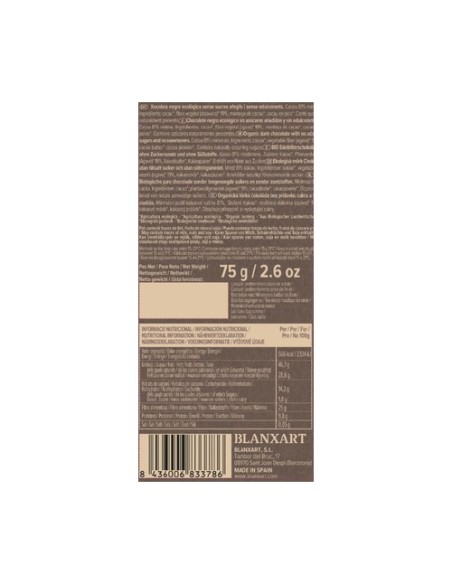 Chocolate Perú 81% Eco sin azúcares añadidos y sin edulcorantes 80 g Blanxart