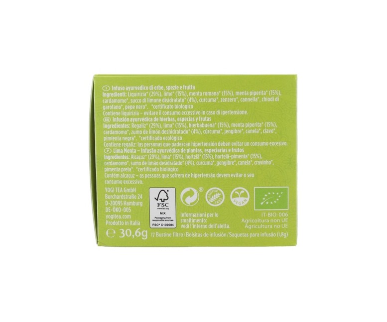 Infusión ayurvédica Lima y Menta 17 bolsitas infusoras de 1.8g Yogi Tea