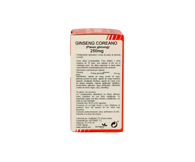 Raíz de Ginseng Coreano 50 cápsulas de 250mg Health Aid