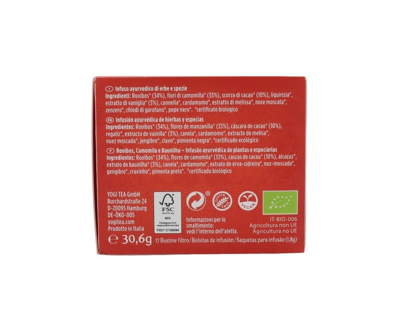 Infusión ayurvédica Buenos Sueños con Rooibos y Vainilla 17 bolsitas infusoras de 1.8g Yogi Tea