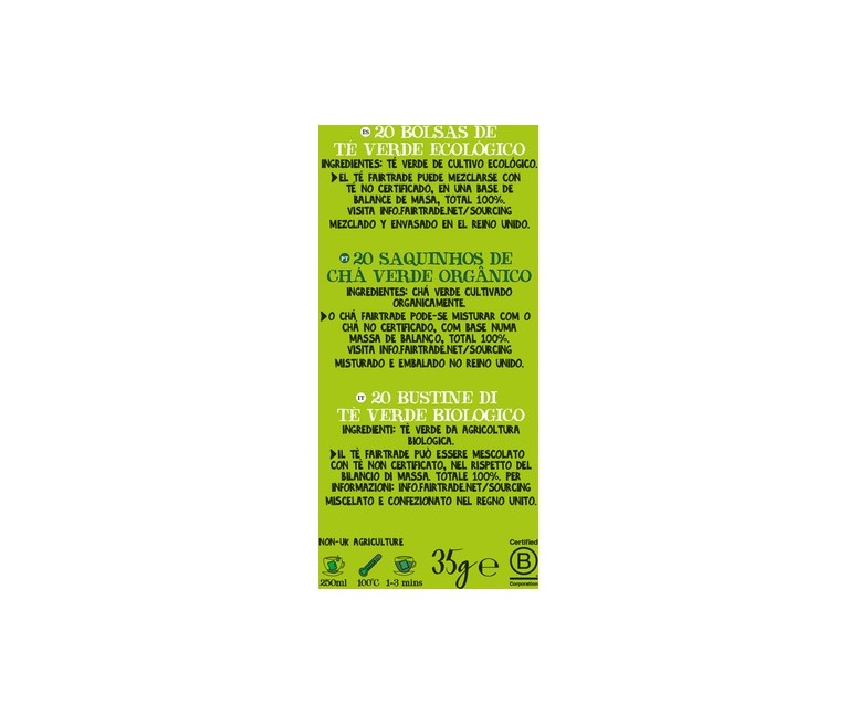 Infusión té verde clásico Bio 20 bolsitas infusoras Cupper