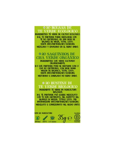 Infusión té verde clásico Bio 20 bolsitas infusoras Cupper