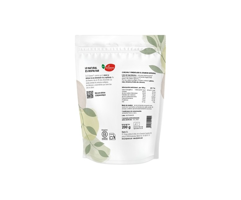 Cúrcuma y Pimienta Bio 200 g de polvo El Granero Integral