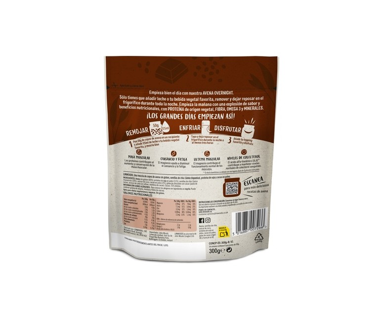 Avena overnight proteína 300 g de polvo (Chocolate) Linwoods