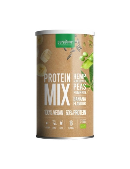 Mezcla de proteína de cáñamo, guisantes, girasol y calabaza 400 g de polvo (Plátano) Purasana