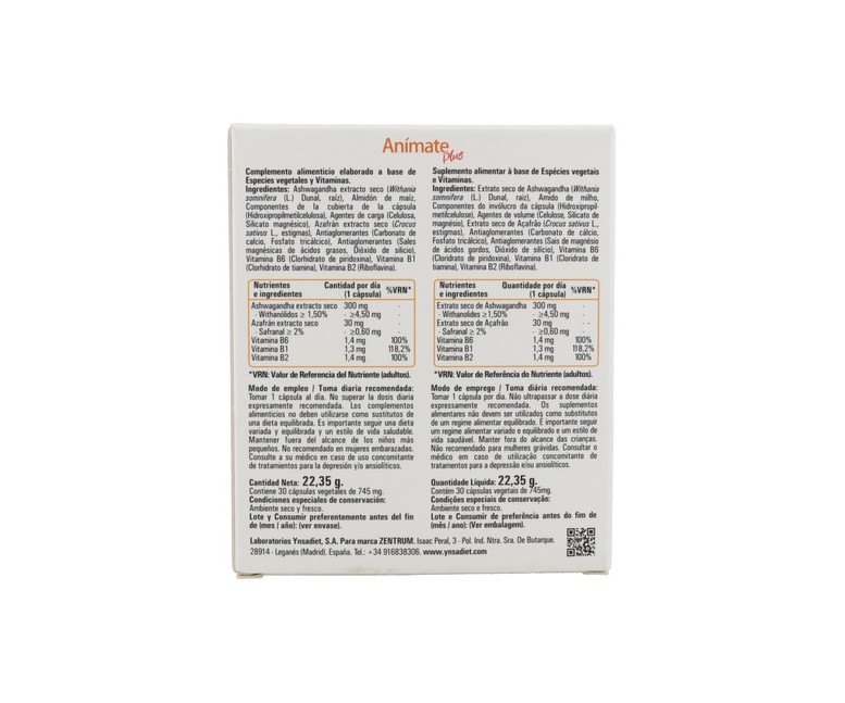 Anímate Ashwagandha y Azafrán Plus 30 cápsulas vegetales de 745mg Zentrum
