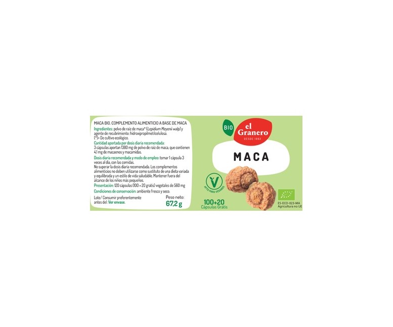Maca Bio 120 cápsulas vegetales de 560 mg El Granero Integral