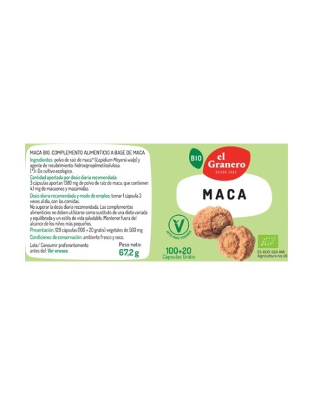 Maca Bio 120 cápsulas vegetales de 560 mg El Granero Integral