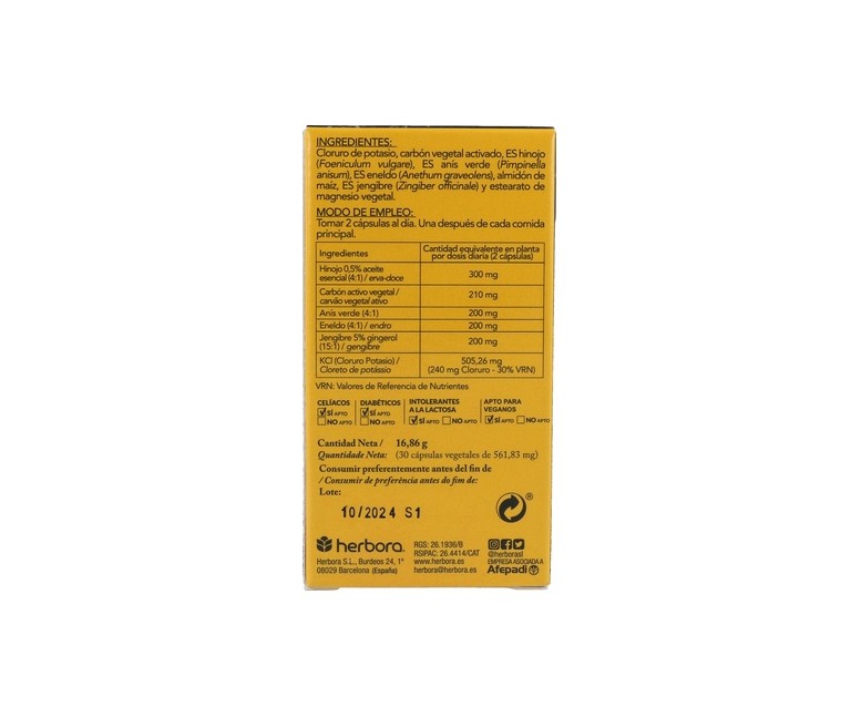 Suprigas (Carbón activo, hinojo, anís verde, eneldo, jengibre y KCI) 30 cápsulas vegetales Herbora