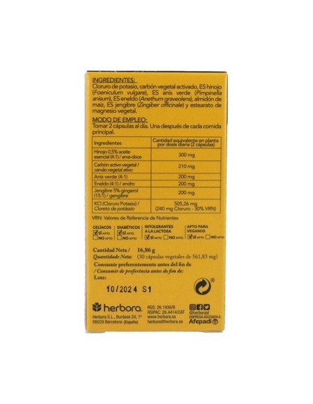 Suprigas (Carbón activo, hinojo, anís verde, eneldo, jengibre y KCI) 30 cápsulas vegetales Herbora