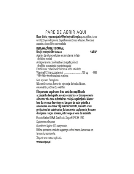 Vitamina B12 100 comprimidos de 100μg Solgar