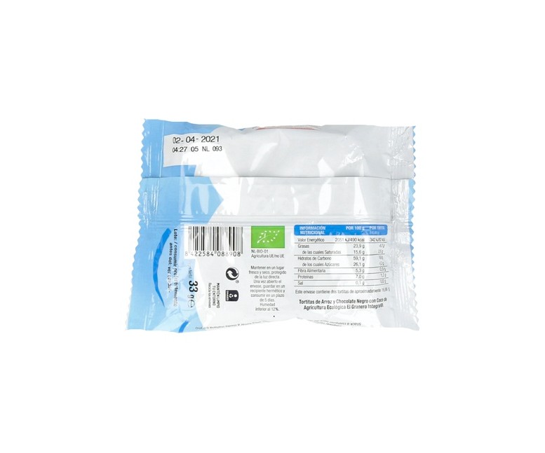 Pack Tortitas de arroz y chocolate negro con coco 12 unidades de 33 g El Granero Integral