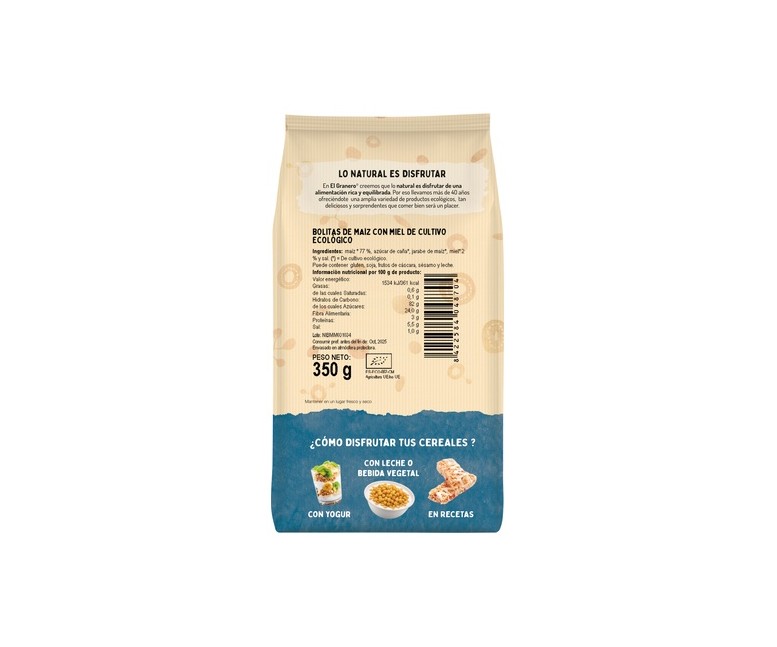 Bolitas de maíz con miel bio 350 g (Miel) El Granero Integral