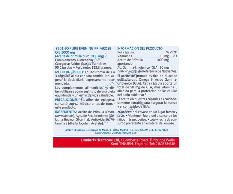 Aceite de prímula puro 90 cápsulas de 1000mg Lamberts