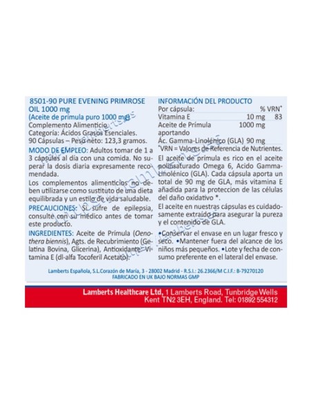 Aceite de prímula puro 90 cápsulas de 1000mg Lamberts