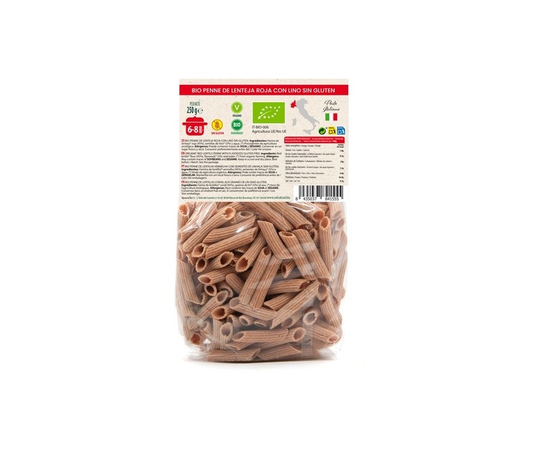 Macarrones lenteja roja con lino sin gluten Bio 250 g Sol Natural