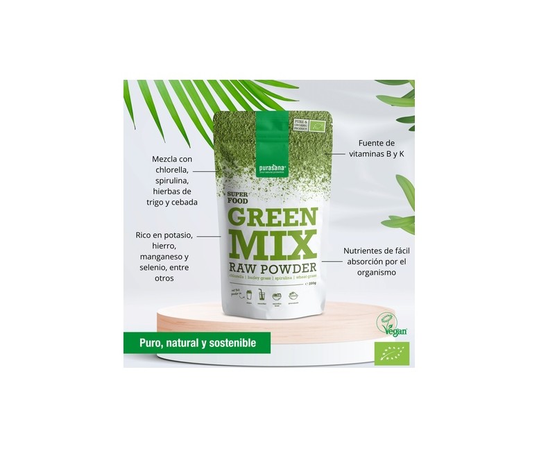 Green mix raw vegano en polvo bio 200 g de polvo Purasana