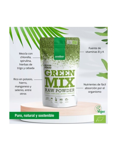 Green mix raw vegano en polvo bio 200 g de polvo Purasana