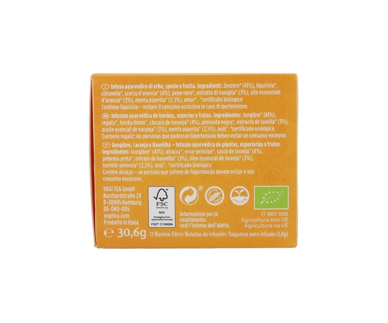Infusión ayurvédica Jengibre, Naranja y Vainilla 17 bolsitas infusoras de 1.8g Yogi Tea