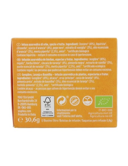 Infusión ayurvédica Jengibre, Naranja y Vainilla 17 bolsitas infusoras de 1.8g Yogi Tea